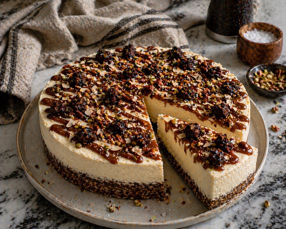Cheesecake décadent choco-dattes et crunch salé