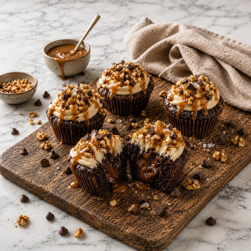 Muffins Brownie Triple Chocolat et Caramel Salé